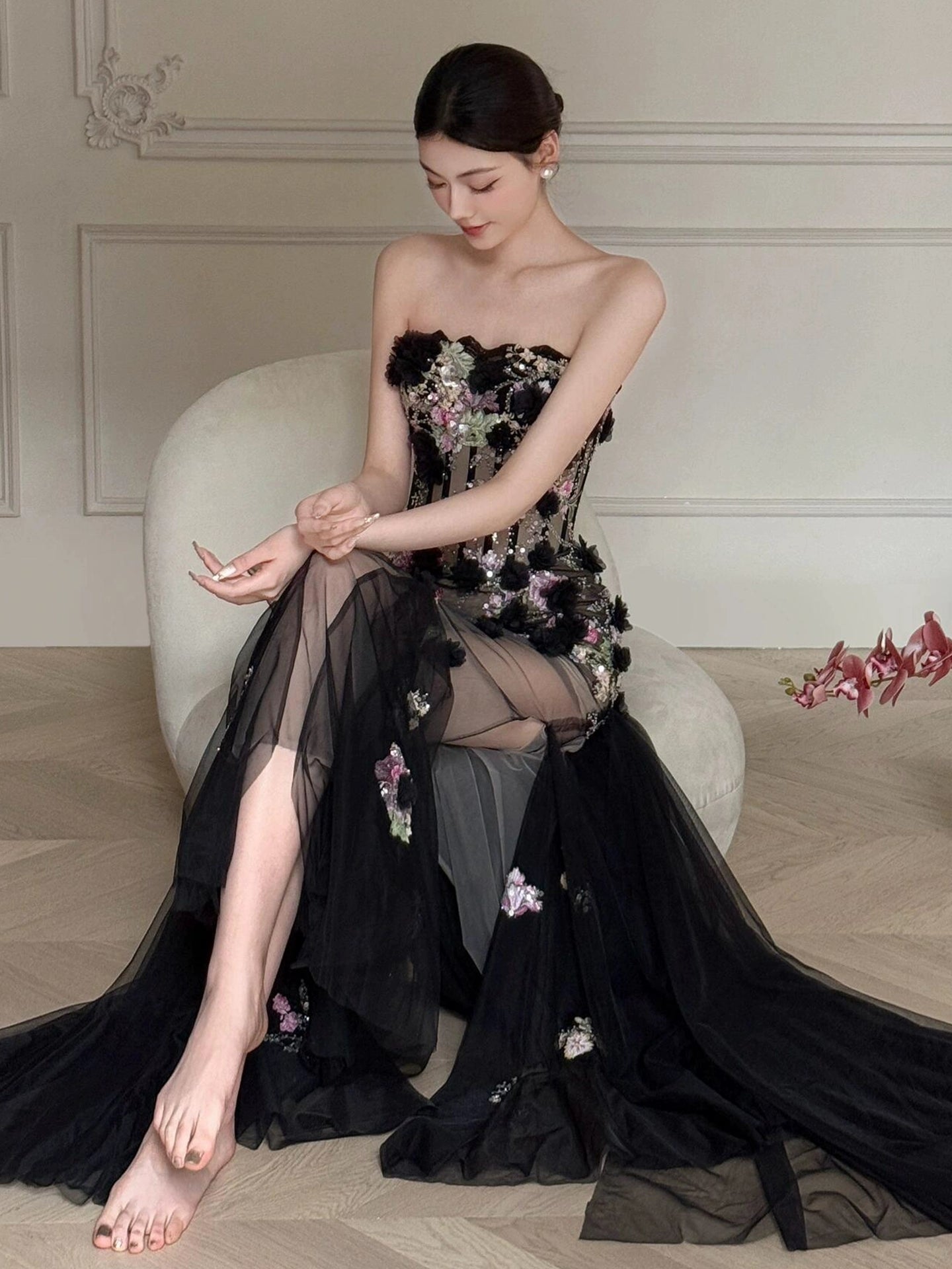 Black Long Prom Dress With Flowers Formal Evening Party Dress Birthday Outfit - Fashionpara