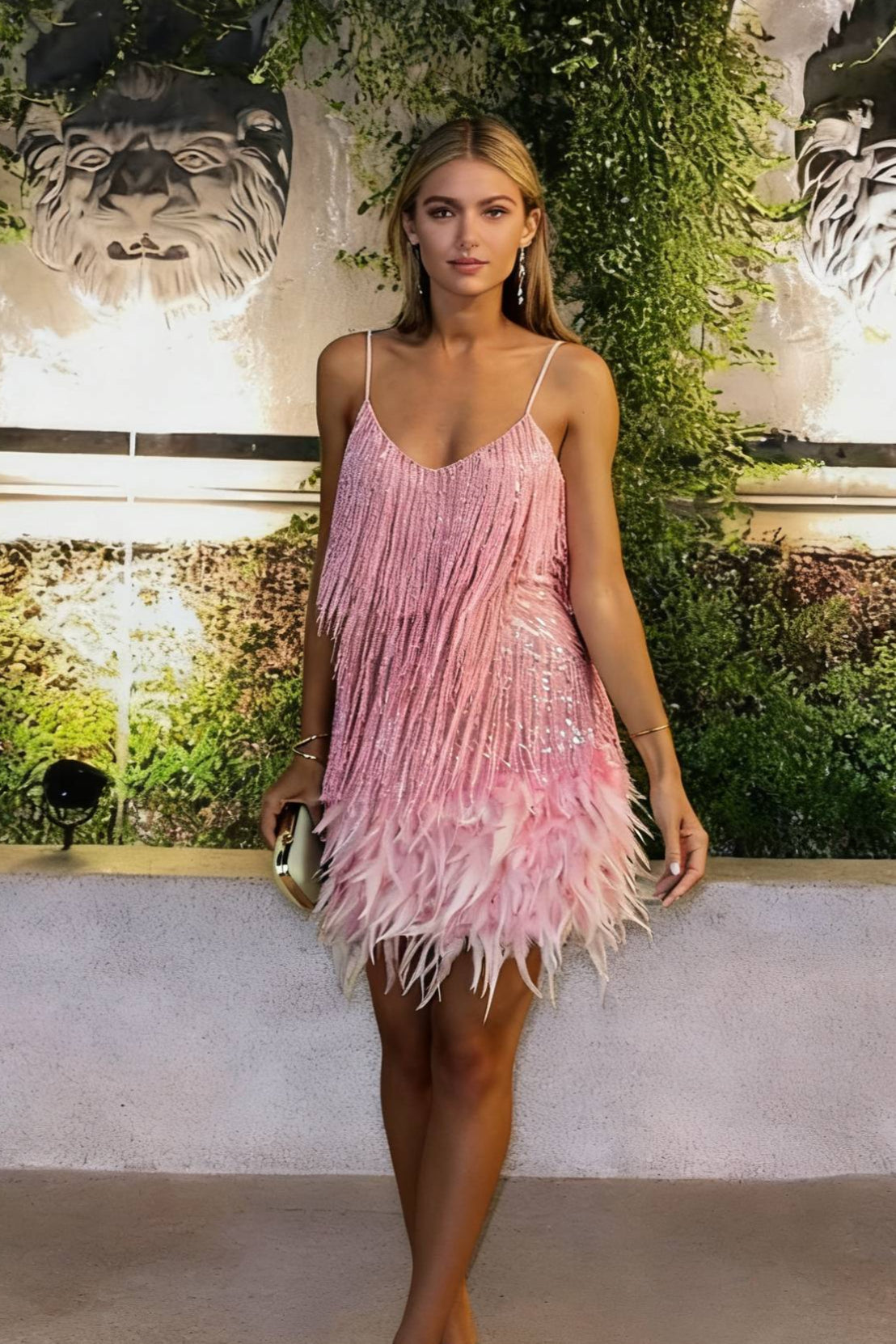 Tassel Sequin Feather Splicing Dress - Fashionpara