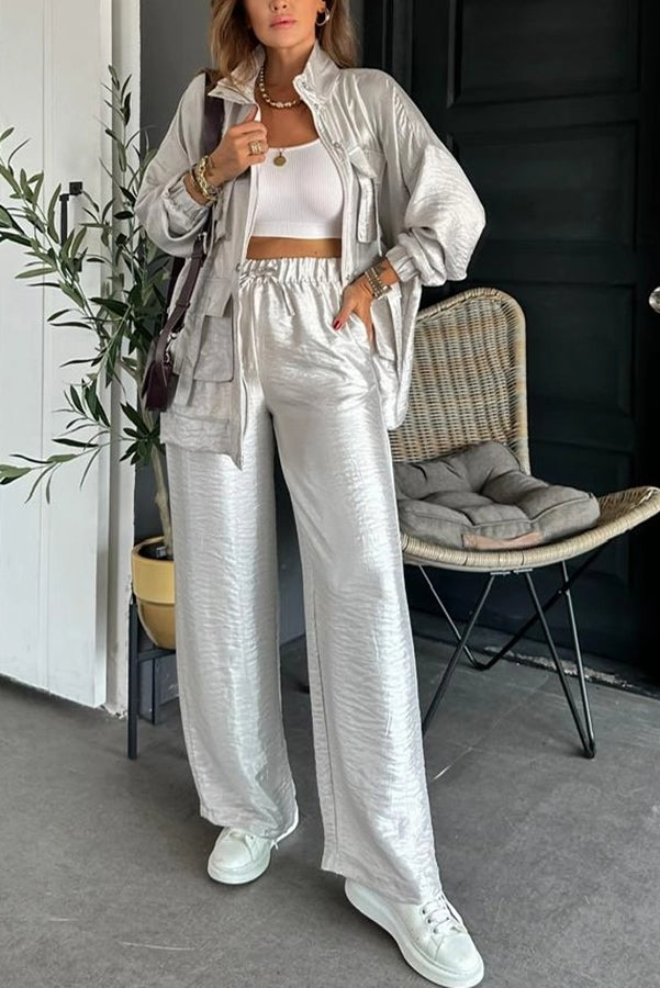 Easy on Me Metallic Fabric Elastic Waist Pocketed Wide Leg Pants