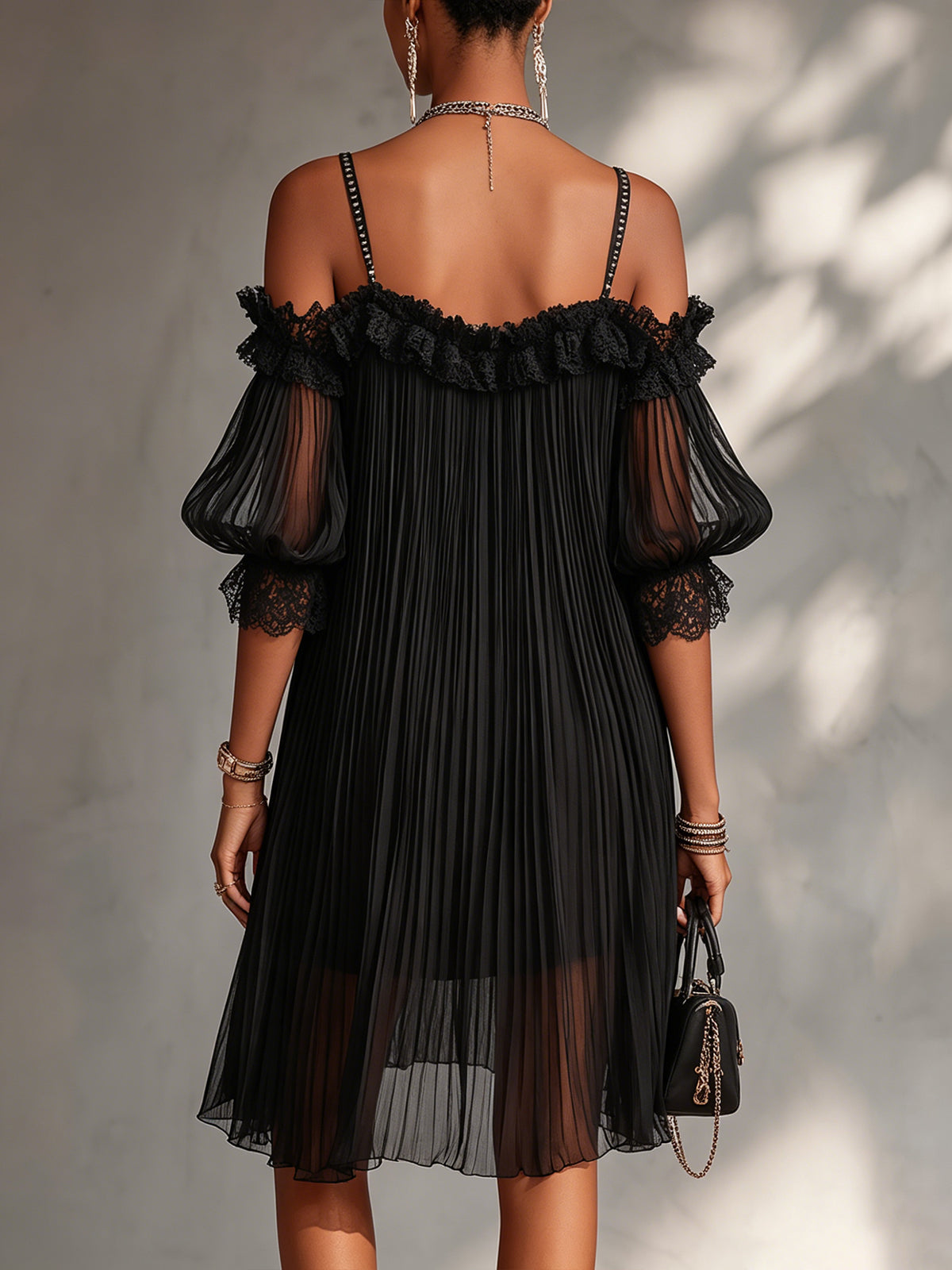 Cold Shoulder Lace Trim Pleated Chiffon Midi Dress 4