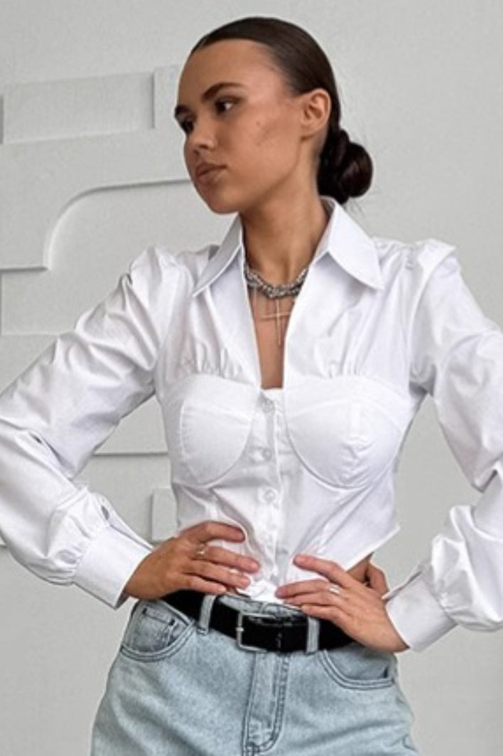 Fitted Cotton Blend Long Sleeve Blouse - Fashionpara