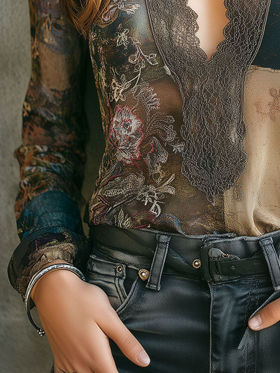V Neck Lace Trim Floral Boho Patchwork Blouse - Fashionpara