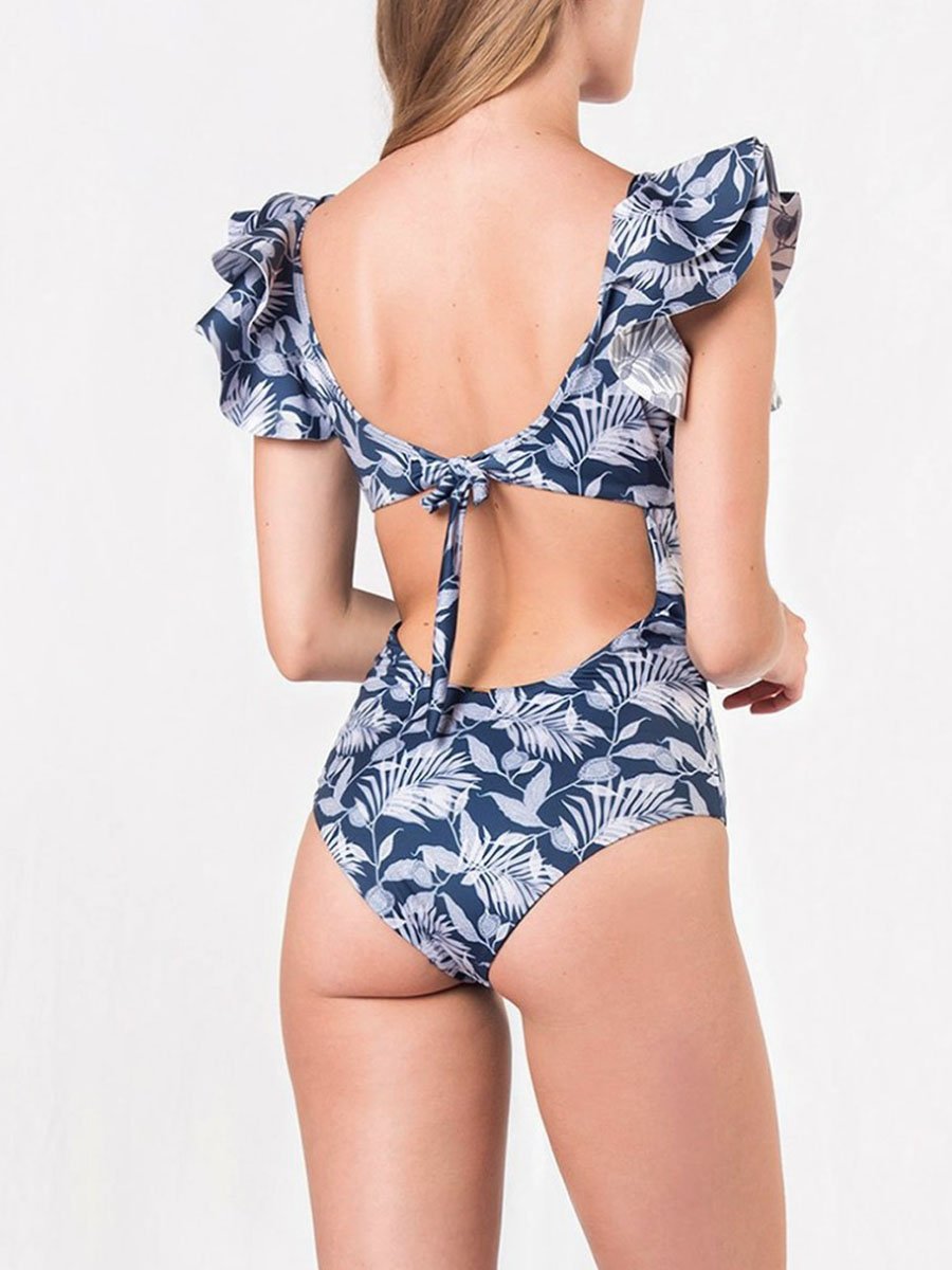 Plant Printed One-piece Swimsuit With Ruffle - Fashionpara