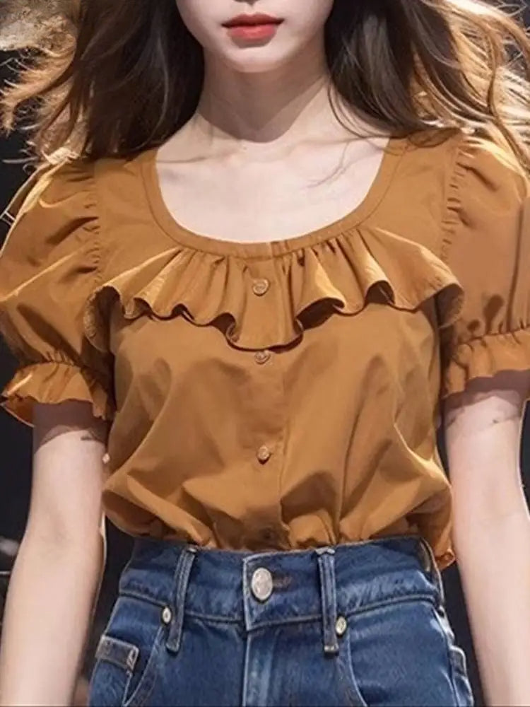 Ruffled Solid Puff Sleeve Casual Tunic Blouse