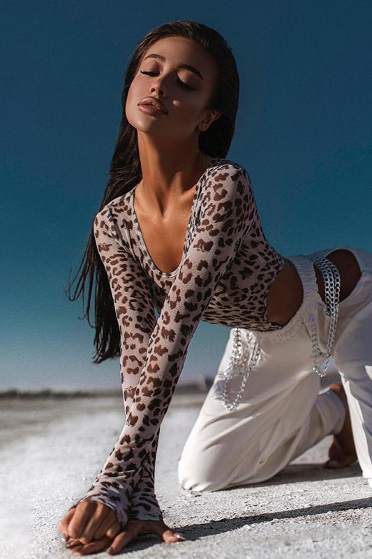 Leopard Print Mesh Bodysuit Knit Top