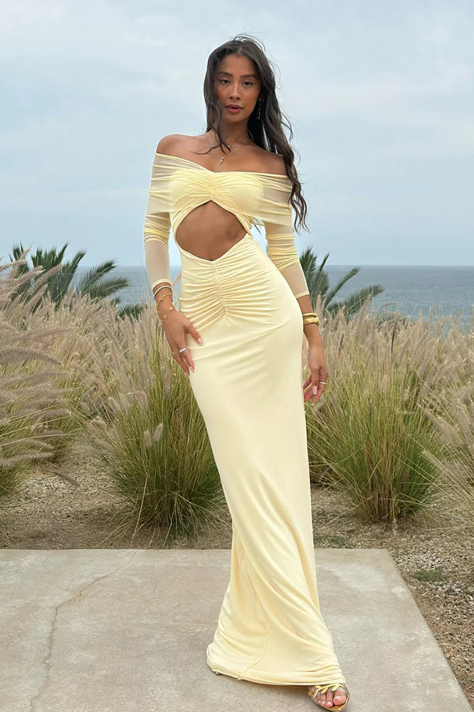 Sheer Mesh Cutout Off Shoulder Patchwork Maxi Dress