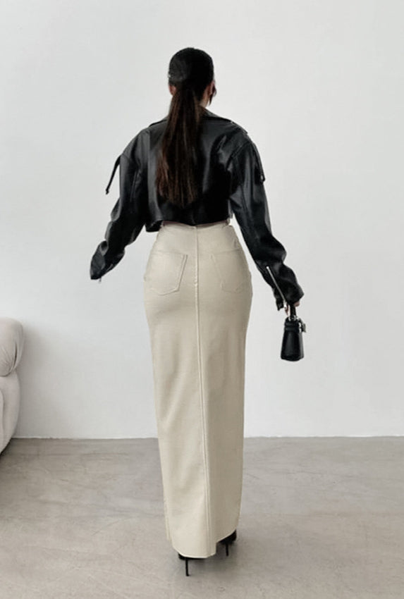 Khaki PU Leather High Waist Split Midi Skirt
