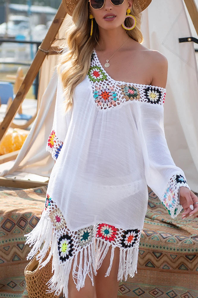 Crochet Fringe-Trim V-Neck Boho Beach Cover-Up 5