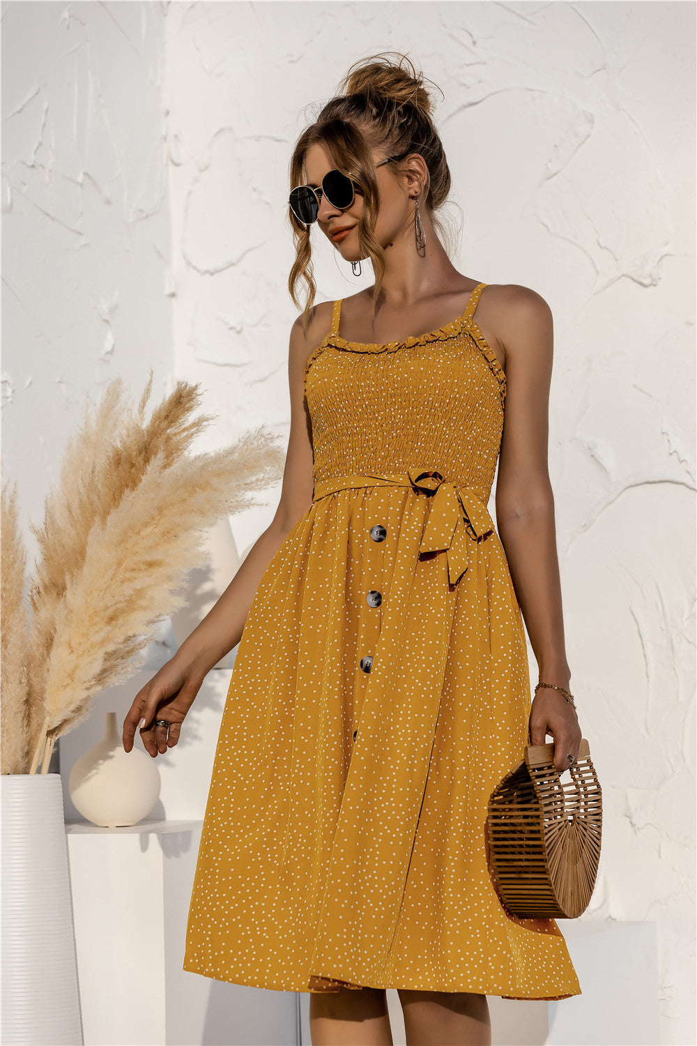 Floral Polka-Dot Button-Breasted Dress