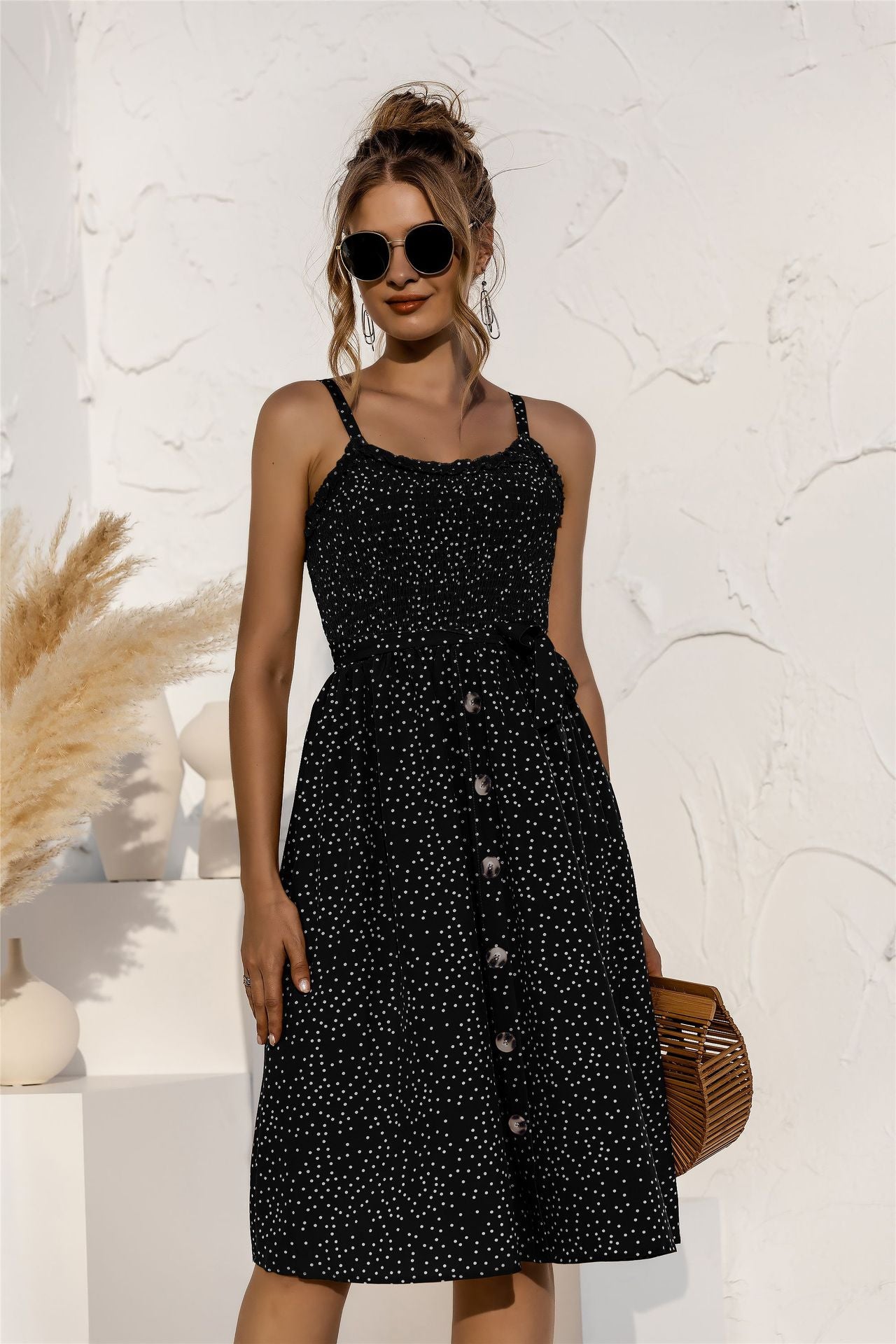 Floral Polka-Dot Button-Breasted Dress