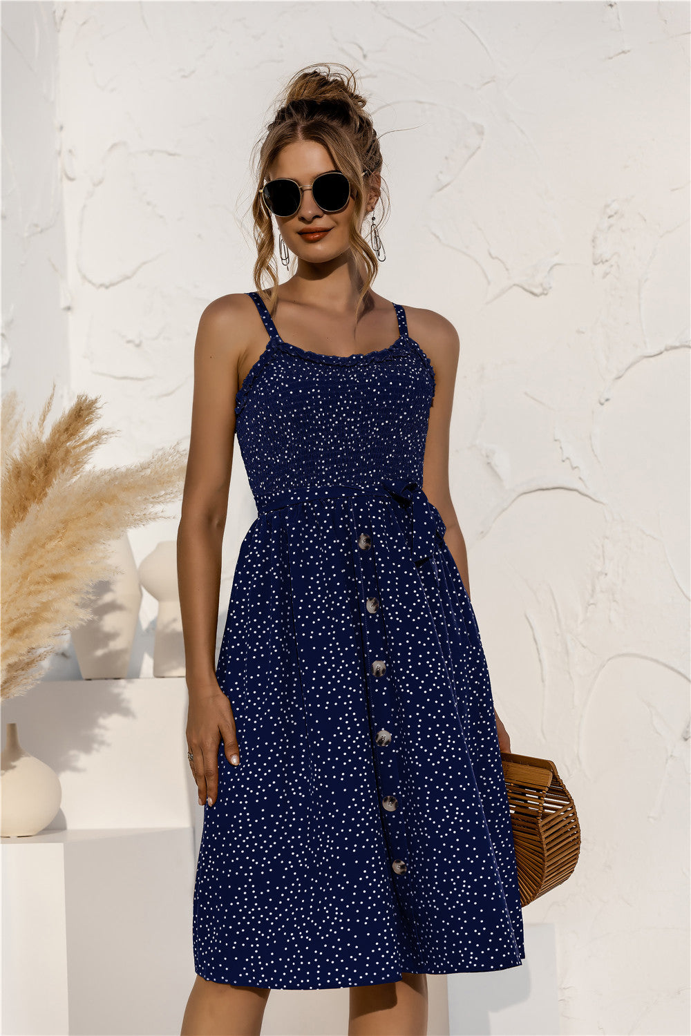 Floral Polka-Dot Button-Breasted Dress