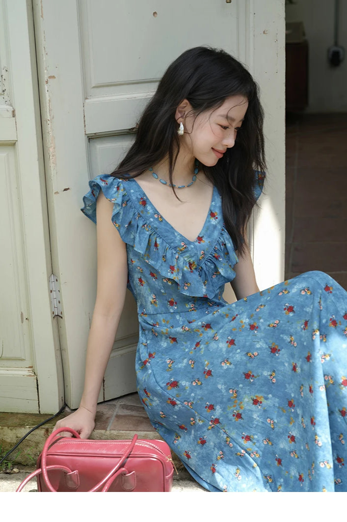V-Neck Ruffled Midi Floral Dress