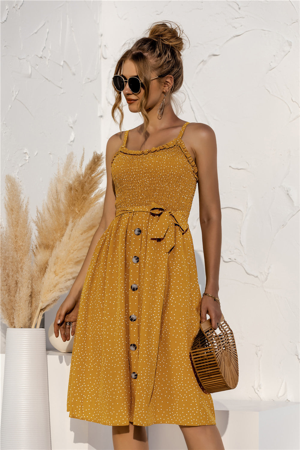 Floral Polka-Dot Button-Breasted Dress