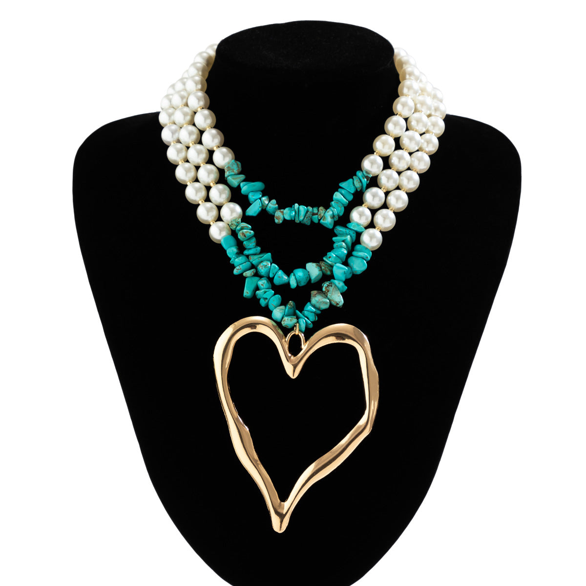 Retro Three-layer Big Heart Turquoise Necklace
