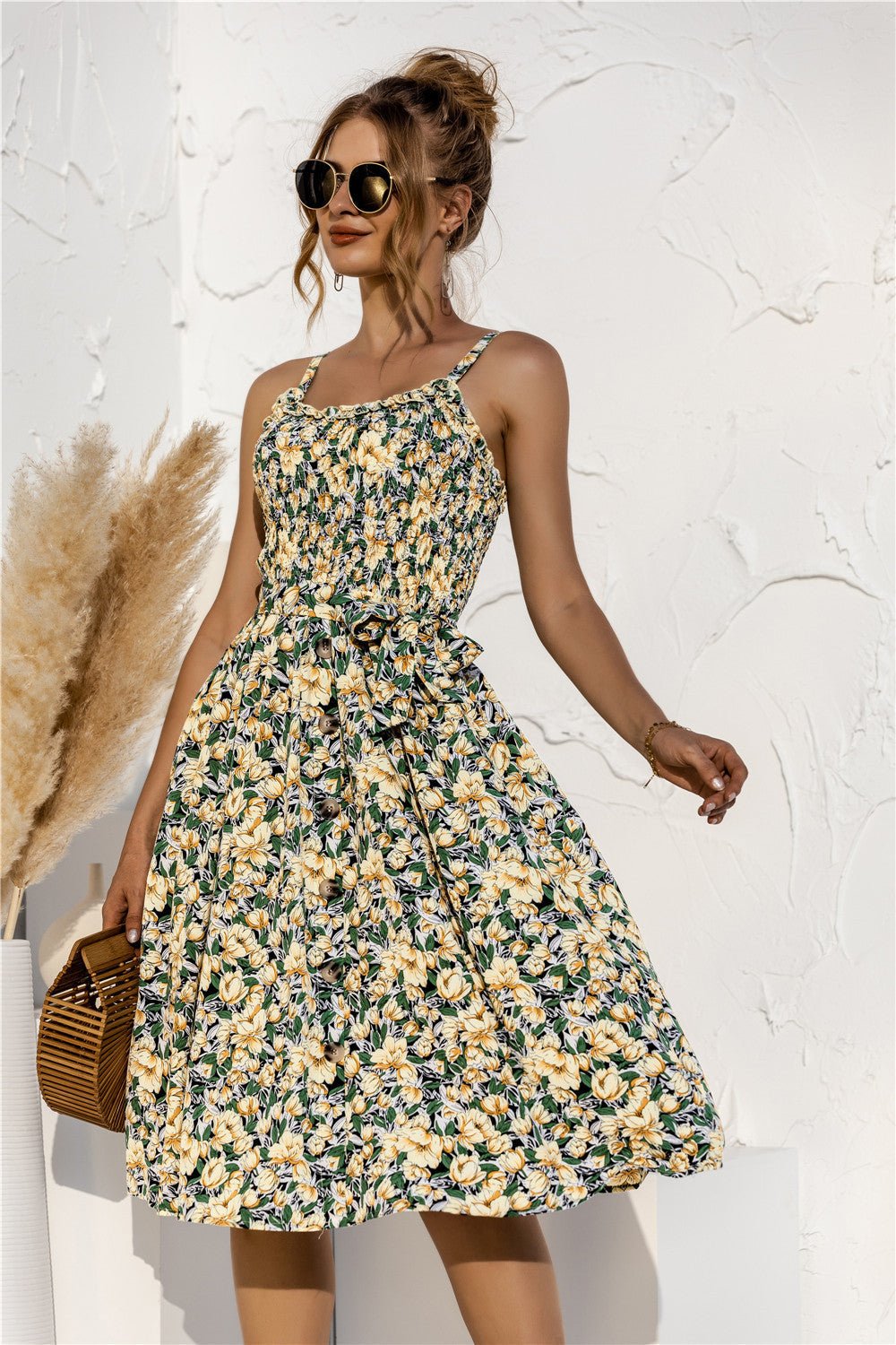 Floral Polka-Dot Button-Breasted Dress