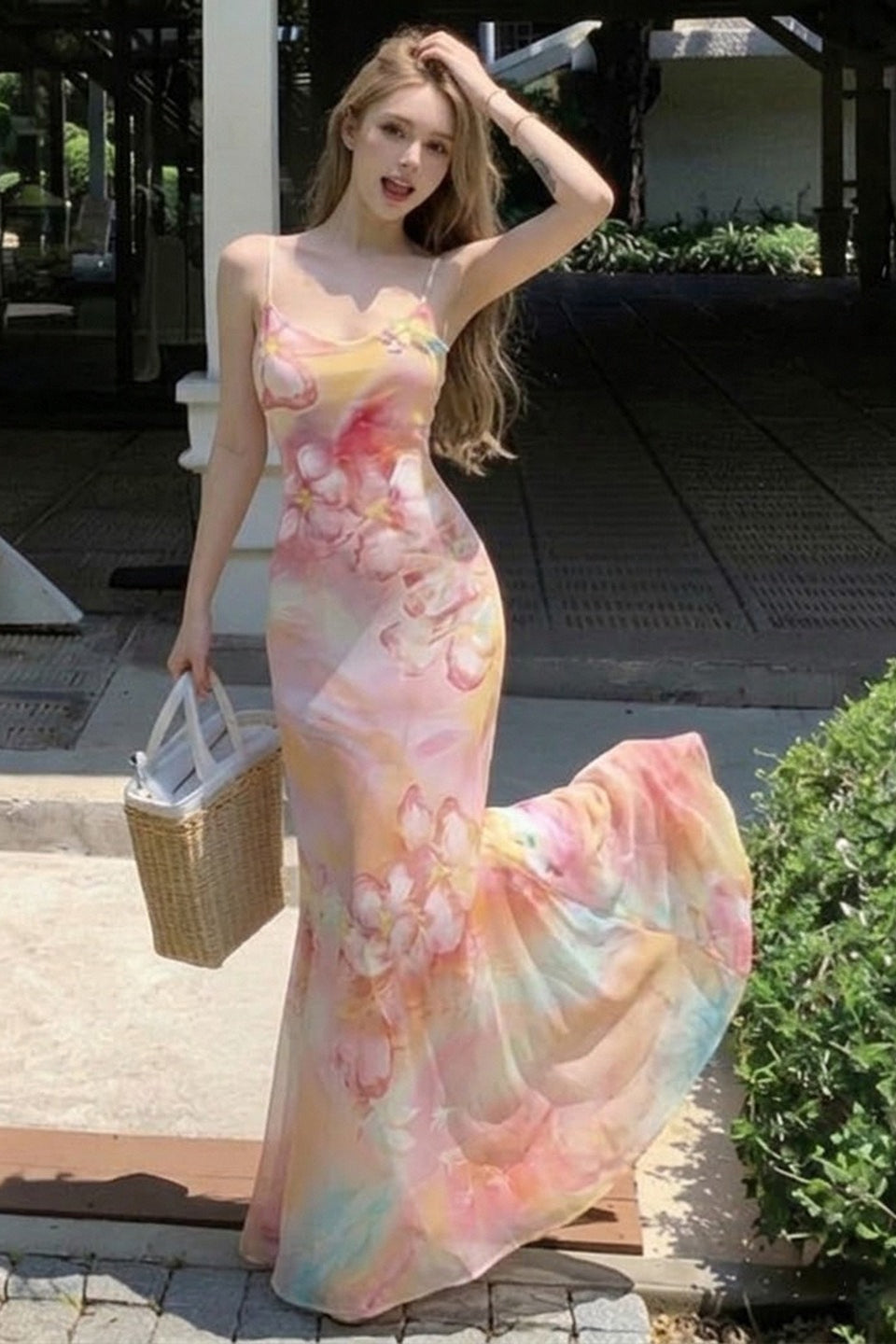 Watercolour Floral Spaghetti Strap Bias Slip Maxi Dress
