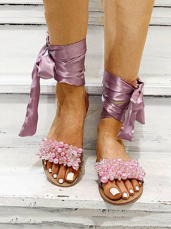 Ankle Strap Beaded Flat Heel Sandals