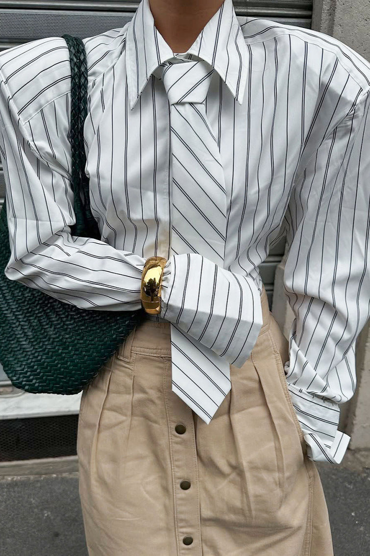 Striped Tie Shoulder Pad Smart Blouse