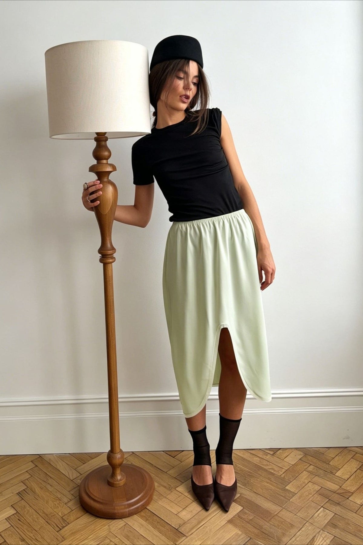 Draped Side-Slit Midi Skirt