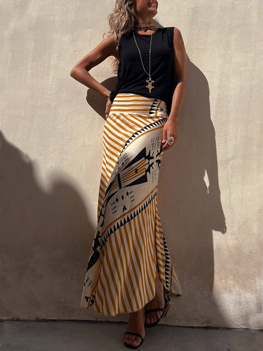 Geometric Print Elastic Waist Maxi Skirt - Fashionpara