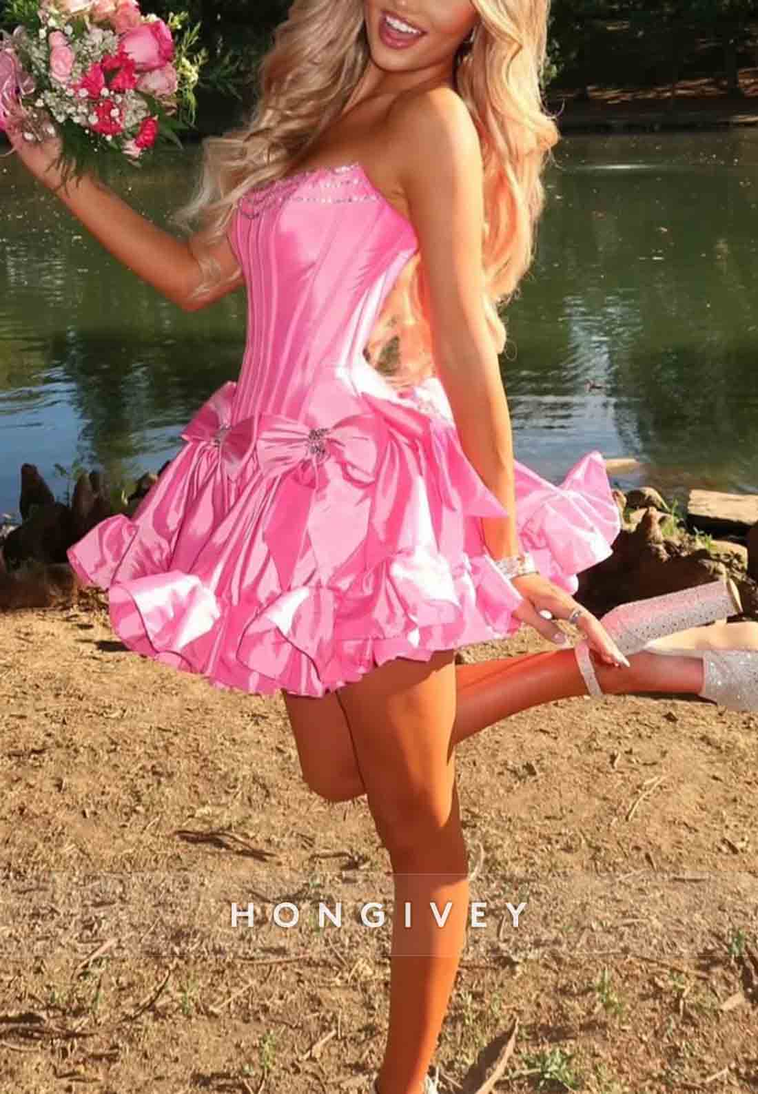 Bowknot Ruched Strapless Satin Pleated Ball Gown Short Homecoming Dresses