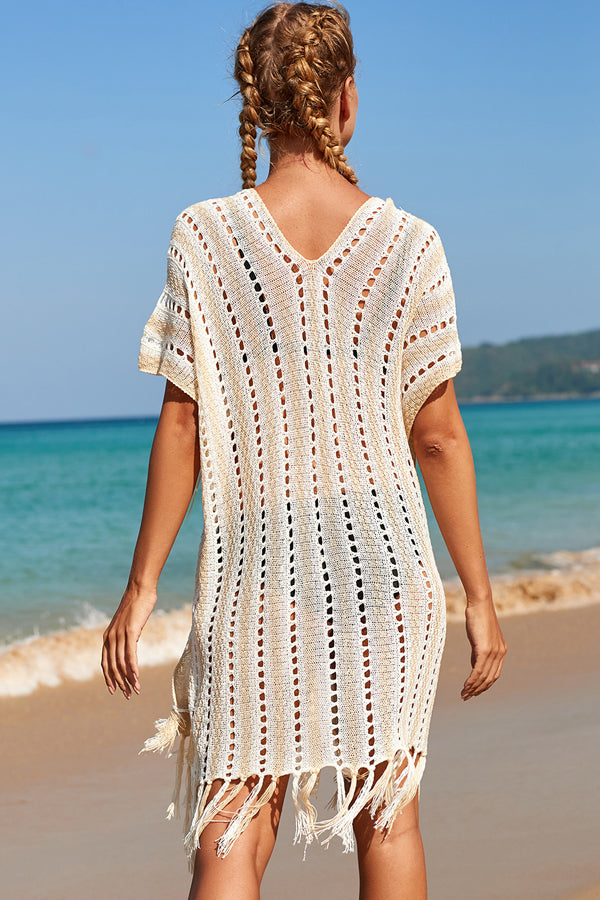 V Neck Tassel Design Swimsuit Cover - Fashionpara