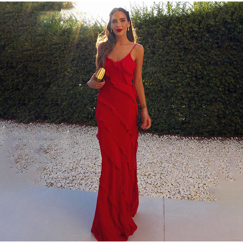 Spaghetti Strap Deep V-Neck Diagonal Tiered Ruffle Maxi Gown