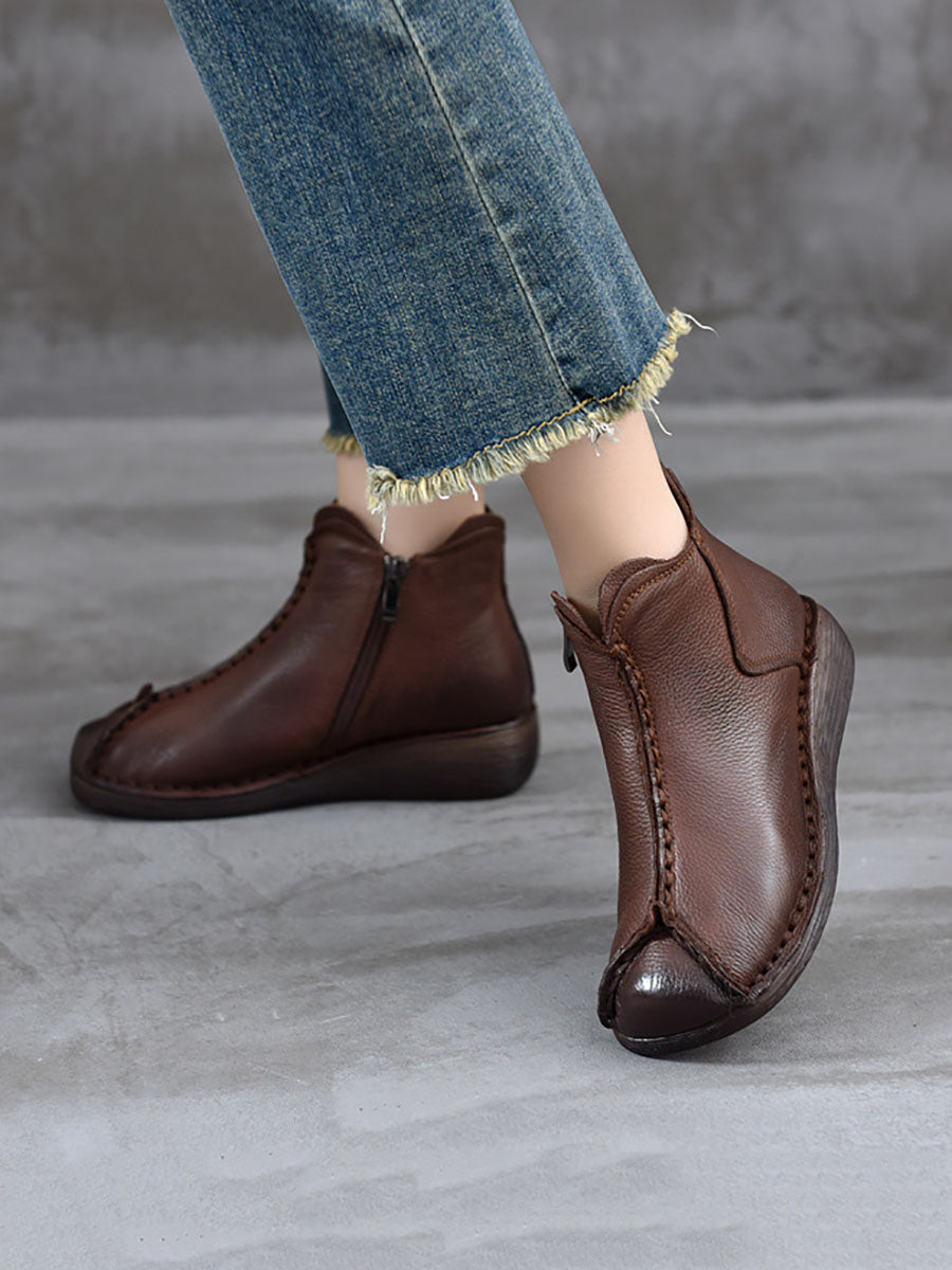 Vintage Genuine Leather Spliced Low Heel Boots