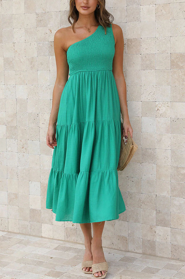 One Shoulder Shirred Tiered Midi Dress 3