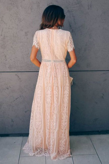 White Chic V-neck Lace Long Dress - Mislish