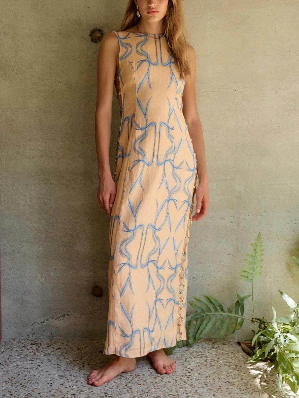 Abstract Geometric Print Sleeveless Boat Neck Ring Midi Dress