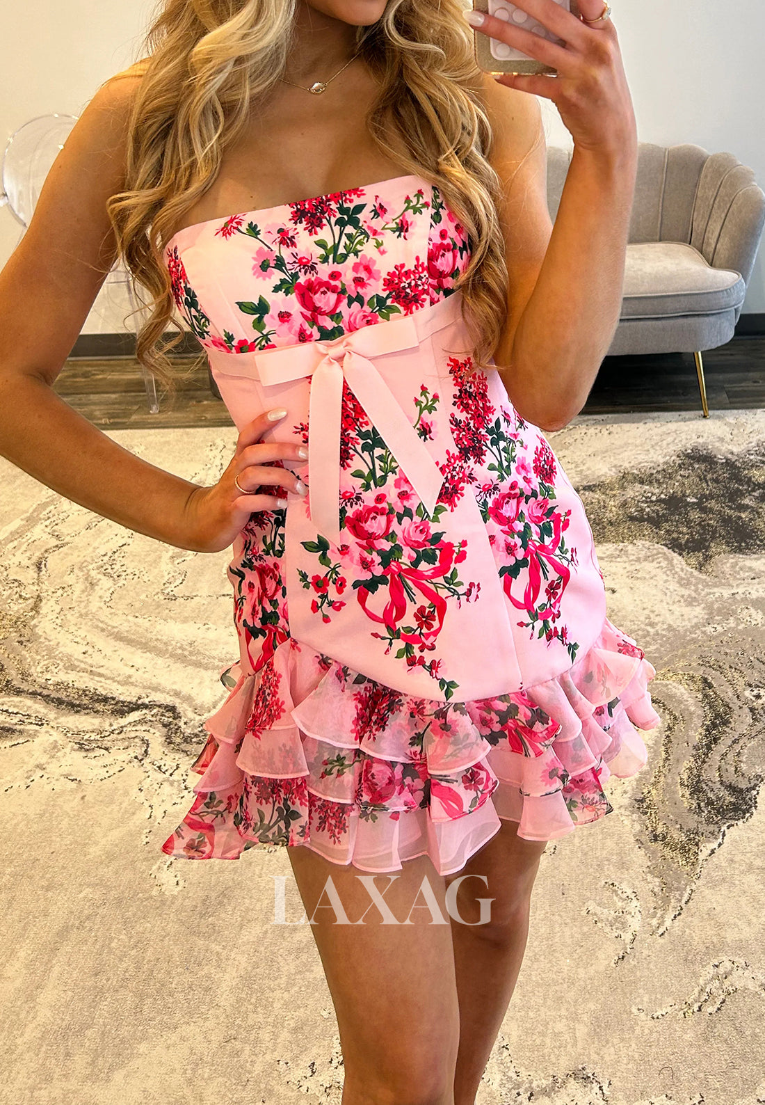 Tube Top Off-Shoulder Sleeveless Tiered Fitted Print-Chiffon Party Homecoming Dress