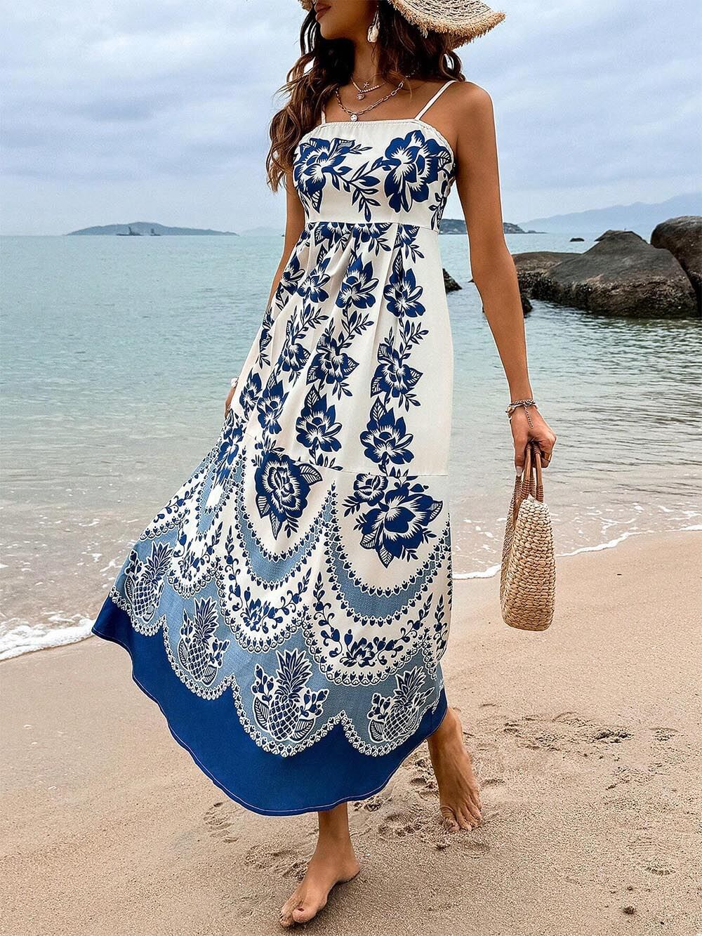 Floral Print Square Neck Sleeveless Pleated Maxi Dress