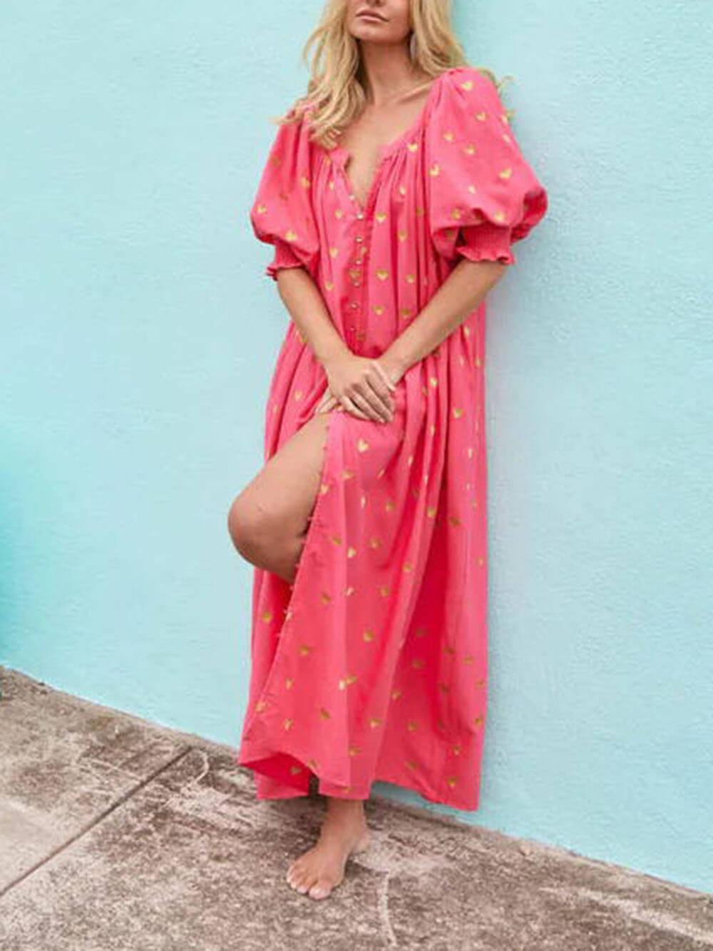 Printed Cardigan Short Sleeve Oversized Midi Dress - Fashionpara