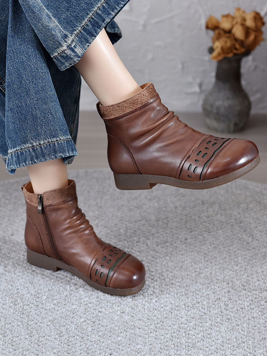 Vintage Leather Spliced Low Heel Ankle Boots