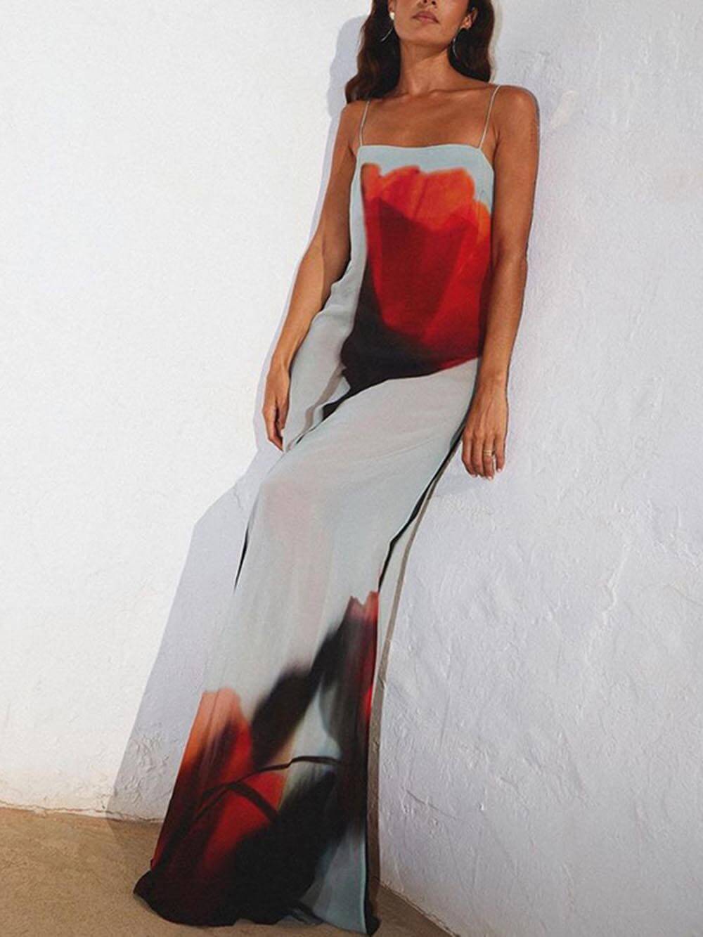 Vacation Abstract Tulip Print Slip H-Line Maxi Dress - Fashionpara