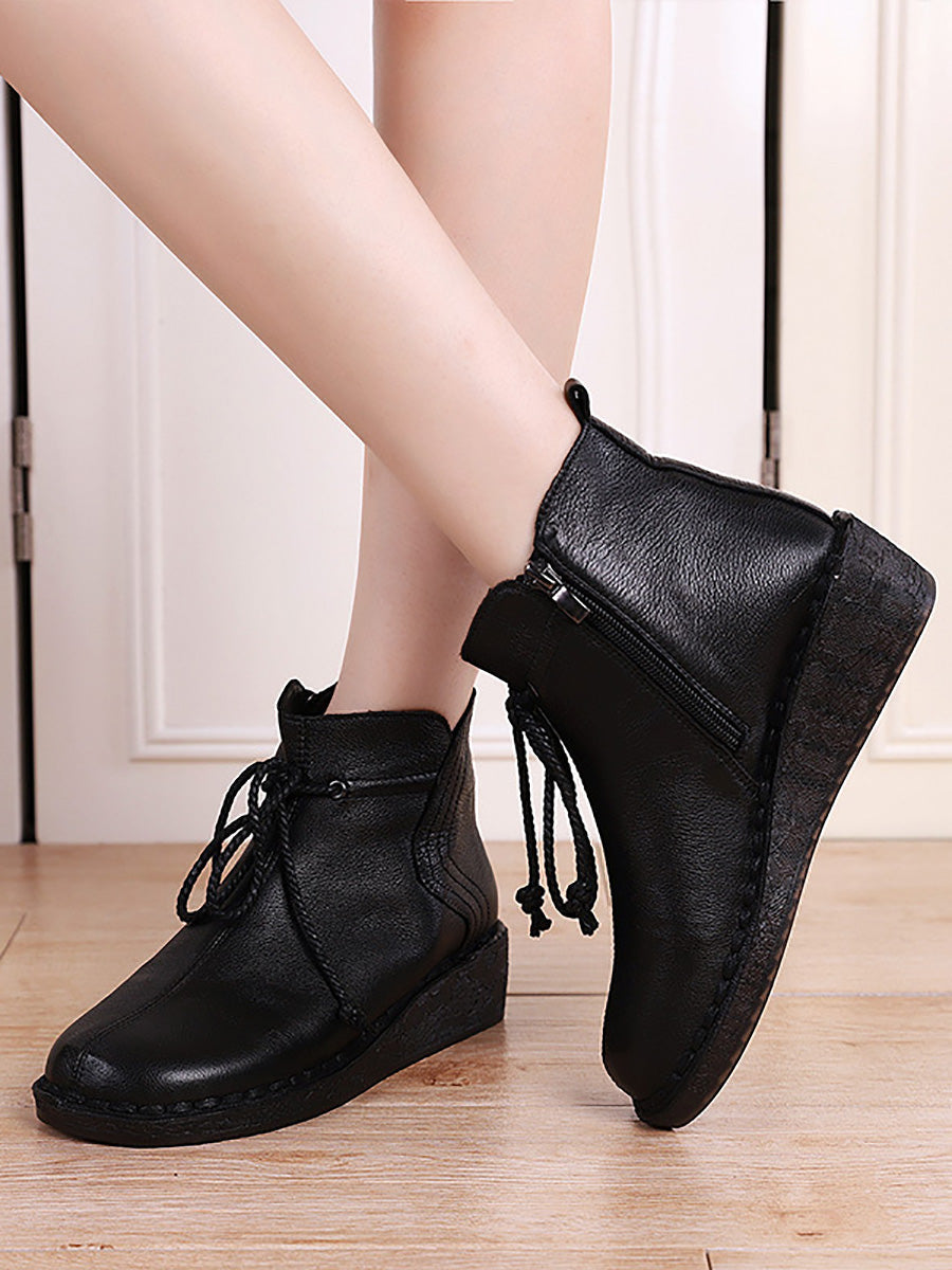 Vintage Genuine Leather Strap Zipper Low Heel Boots