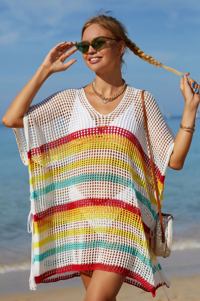 Rainbow Stripe Openwork Slit Cover Up - Fashionpara