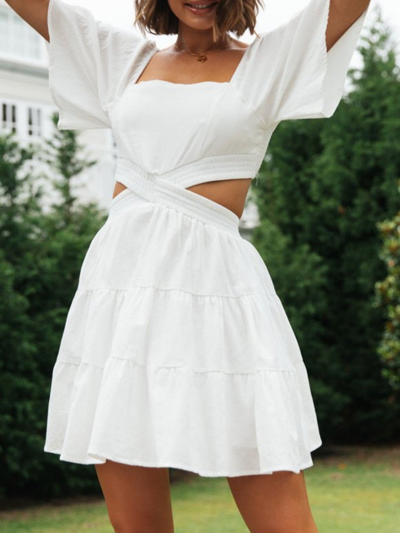 Sweet White Square Neck Cutout A Line Short Graduation Dress - Fashionpara