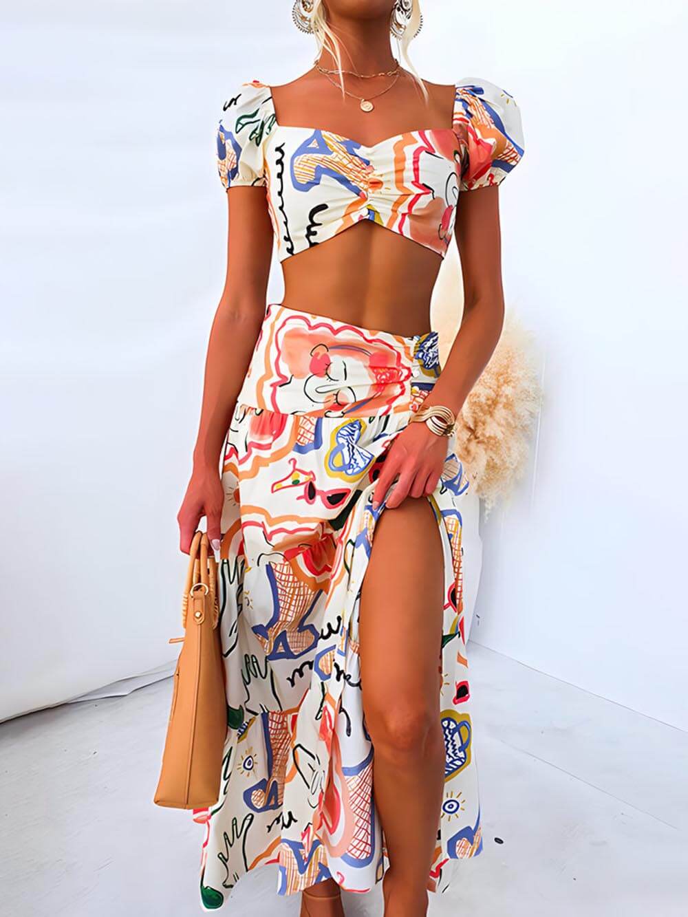 Summer Printed Top And Wrap Skirt Two-Piece Suit - Fashionpara