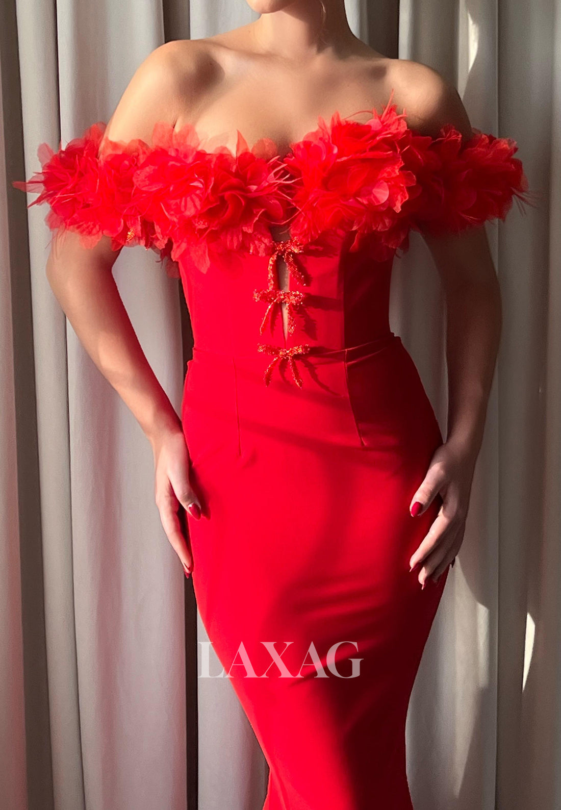 Floral Embellished Tube Top Off-Shoulder Evening Gowns Sleeveless Satin Mermaid Prom Dress