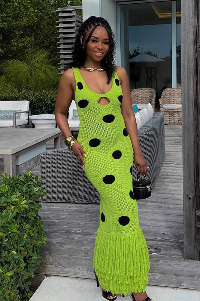 Knit Sleeveless Bodycon Polka Dot Fringe Maxi Dress