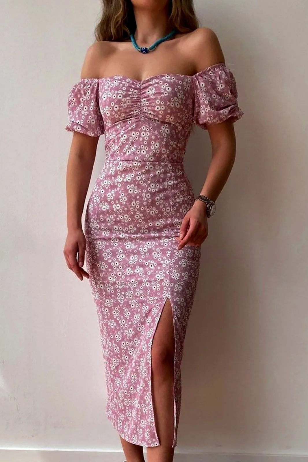 Chiffon Wrap Slit Floral Dress - View 4