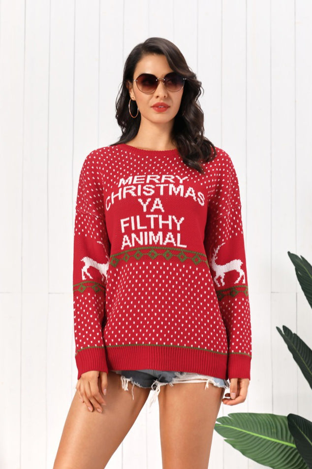 Deer Letter Xmas Dots Loose Sweater