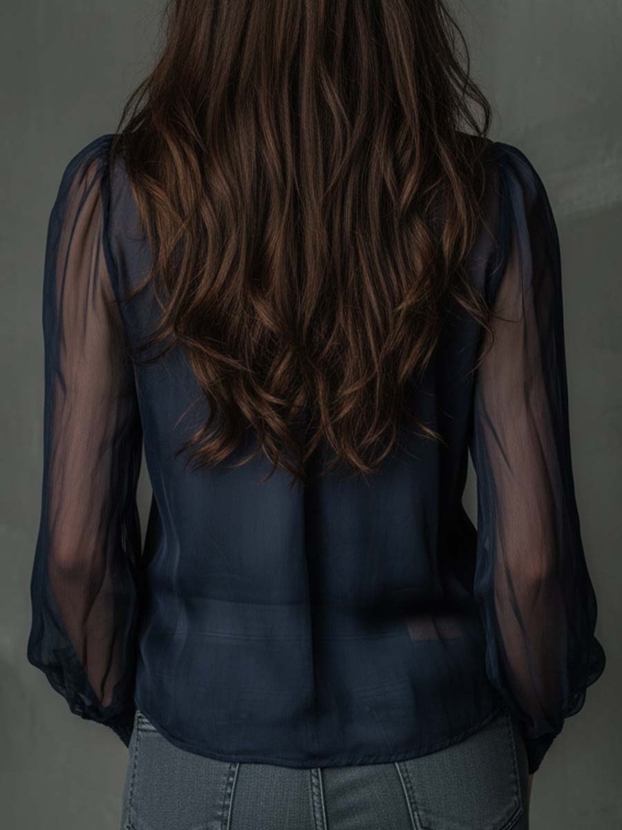 Sheer Chiffon Zip-Front Blouse - Fashionpara