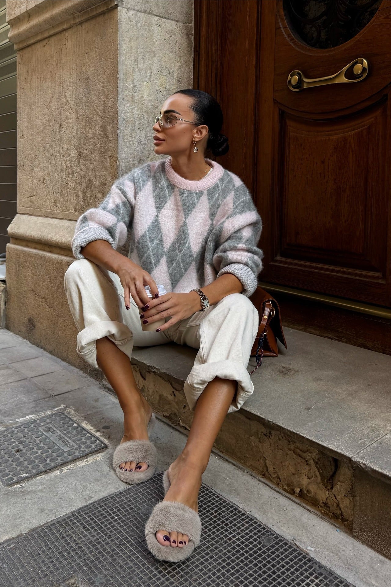 PrincessAce Luxury Argyle Knit Crewneck Street Sweater