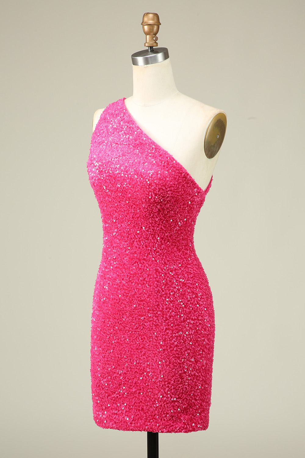 One Shoulder Hot Pink Sequins Tight Homecoming Dress