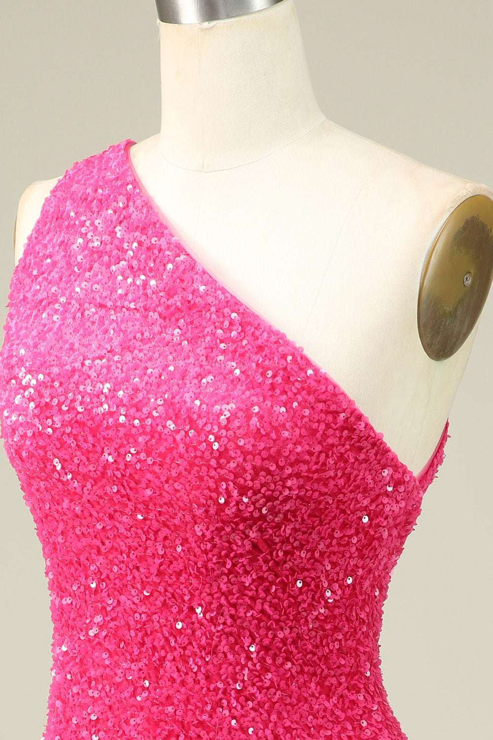 One Shoulder Hot Pink Sequins Tight Homecoming Dress