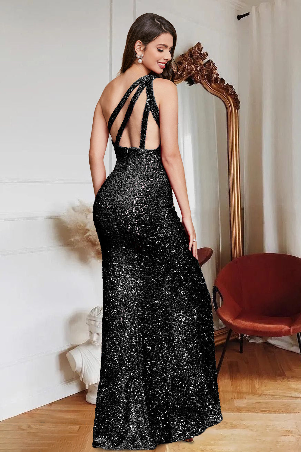 Glitter Royal Blue Mermaid One Shoulder Sequins Prom Dress With Slit
