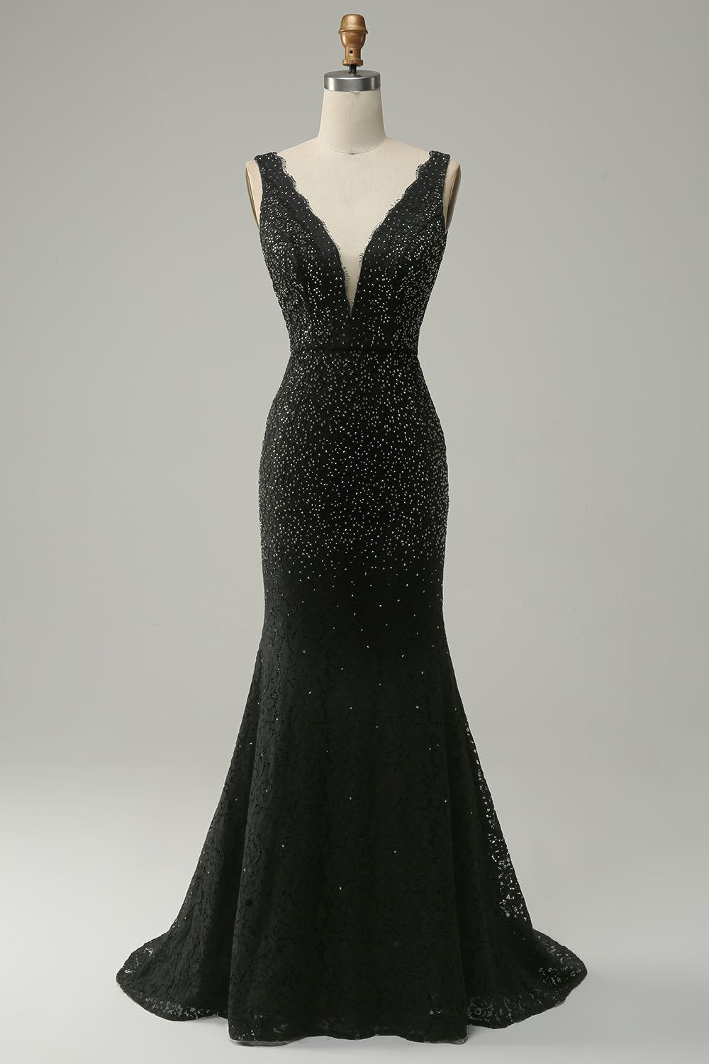 Mermaid Deep V Neck Black Lace Long Prom Dress with Beading - Fashionpara